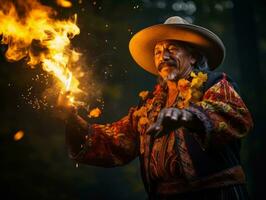 photo of emotional dynamic pose Mexican man in autumn AI Generative