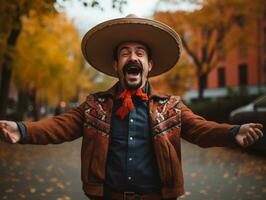photo of emotional dynamic pose Mexican man in autumn AI Generative