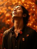 photo of emotional dynamic pose Mexican man in autumn AI Generative