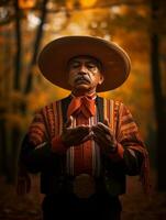 photo of emotional dynamic pose Mexican man in autumn AI Generative