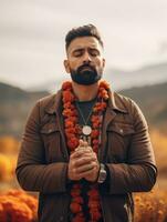 photo of emotional dynamic pose Mexican man in autumn AI Generative