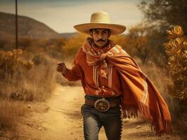 photo of emotional dynamic pose Mexican man in autumn AI Generative