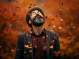 photo of emotional dynamic pose Mexican man in autumn AI Generative