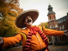 photo of emotional dynamic pose Mexican man in autumn AI Generative