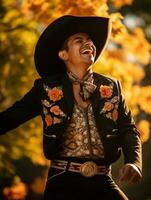 photo of emotional dynamic pose Mexican man in autumn AI Generative