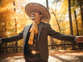 photo of emotional dynamic pose Mexican man in autumn AI Generative