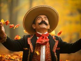 photo of emotional dynamic pose Mexican man in autumn AI Generative