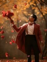 photo of emotional dynamic pose Mexican man in autumn AI Generative