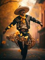 photo of emotional dynamic pose Mexican man in autumn AI Generative