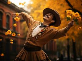 photo of emotional dynamic pose Mexican man in autumn AI Generative