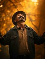photo of emotional dynamic pose Mexican man in autumn AI Generative