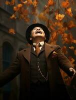 photo of emotional dynamic pose Mexican man in autumn AI Generative