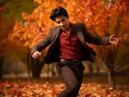 photo of emotional dynamic pose Mexican man in autumn AI Generative