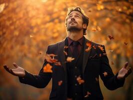 photo of emotional dynamic pose Mexican man in autumn AI Generative