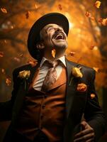 photo of emotional dynamic pose Mexican man in autumn AI Generative