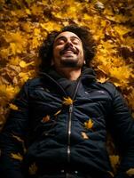 photo of emotional dynamic pose Mexican man in autumn AI Generative