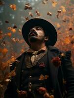 photo of emotional dynamic pose Mexican man in autumn AI Generative