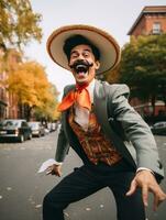 photo of emotional dynamic pose Mexican man in autumn AI Generative