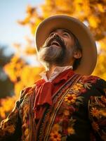 photo of emotional dynamic pose Mexican man in autumn AI Generative