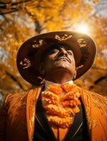 photo of emotional dynamic pose Mexican man in autumn AI Generative