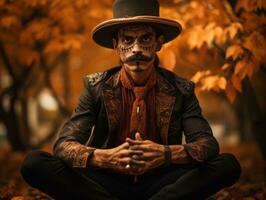 photo of emotional dynamic pose Mexican man in autumn AI Generative