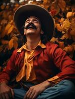 photo of emotional dynamic pose Mexican man in autumn AI Generative