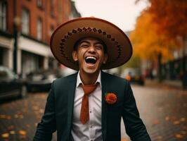 photo of emotional dynamic pose Mexican man in autumn AI Generative