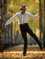 photo of emotional dynamic pose Mexican man in autumn AI Generative