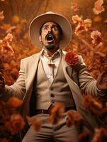 photo of emotional dynamic pose Mexican man in autumn AI Generative