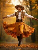 photo of emotional dynamic pose Mexican man in autumn AI Generative