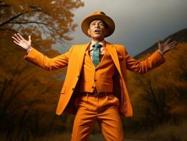 photo of emotional dynamic pose Mexican man in autumn AI Generative