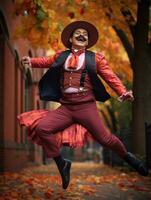 photo of emotional dynamic pose Mexican man in autumn AI Generative