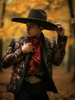 photo of emotional dynamic pose Mexican man in autumn AI Generative