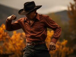 photo of emotional dynamic pose Mexican man in autumn AI Generative