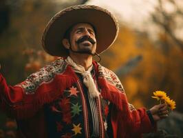 photo of emotional dynamic pose Mexican man in autumn AI Generative