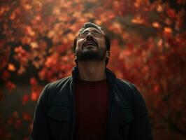 photo of emotional dynamic pose Mexican man in autumn AI Generative