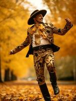 photo of emotional dynamic pose Mexican man in autumn AI Generative