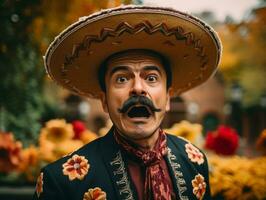 photo of emotional dynamic pose Mexican man in autumn AI Generative