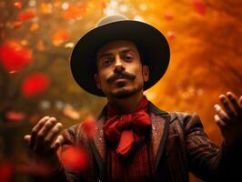 photo of emotional dynamic pose Mexican man in autumn AI Generative