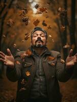 photo of emotional dynamic pose Mexican man in autumn AI Generative