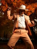 photo of emotional dynamic pose Mexican man in autumn AI Generative