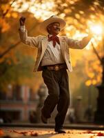 photo of emotional dynamic pose Mexican man in autumn AI Generative