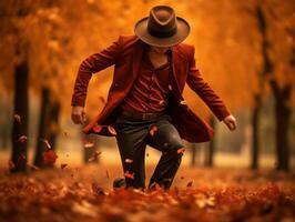 photo of emotional dynamic pose Mexican man in autumn AI Generative