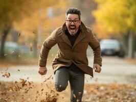 photo of emotional dynamic pose Mexican man in autumn AI Generative