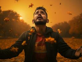 photo of emotional dynamic pose Mexican man in autumn AI Generative