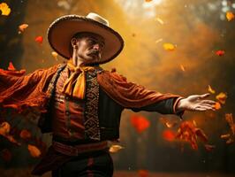 photo of emotional dynamic pose Mexican man in autumn AI Generative
