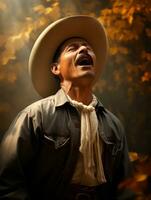 photo of emotional dynamic pose Mexican man in autumn AI Generative