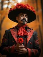 photo of emotional dynamic pose Mexican man in autumn AI Generative