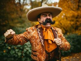 photo of emotional dynamic pose Mexican man in autumn AI Generative