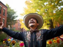 photo of emotional dynamic pose Mexican man in autumn AI Generative